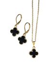 Handmade four leaf Clover Earrings and Necklace set in black