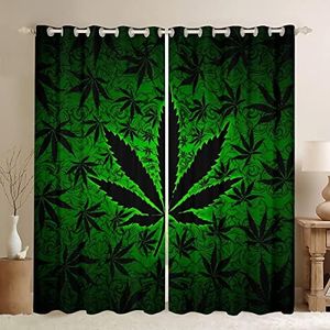 Cannabis Leaf Curtains 38x45,Glowing Green Black Weed Blackout Curtainss for Kids Teens Girls Adults,Marijuana Weed Curtains & Drapes Living Room Decor,Marijuana Leaf Window Treatments 2 Panels