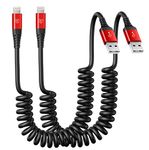 iPhone Charger Cable 6FT for Car, Coiled Lightning Cable [Apple MFi Certified] 2 Pack 6 Feet Lightning Cord Compatible with iPhone14 13/12/11 Pro Max/XS MAX/XR/XS/X/8/7/Plus/6S iPad/iPod - Red