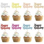 Happy Birthday Cupcake Toppers, 16 Pcs Glitter Birthday Cupcake Topper Wood Food Picks for Children and Adults Birthday Party, Celebration (8 Colors)