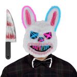 Halloween Scary Bunny Rabbit Mask & Bloody Plastic Knife, Creepy Costume Props Decorations for Scream Cosplay Party