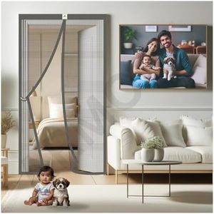 ARMORX High Tensile Polyester Magnetic Door Mosquito Net, Self Closing Magnets with Buckle Strap, Protection from Insects, Pets & Kids Friendly | Grey -205cm x 115cm