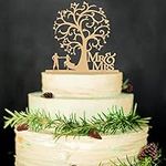 Amosfun Cake Topper Wooden Bird Tree Wedding Cake Decorations Mr Mrs Wedding Valentine's Day Decoration (Wood Colour)