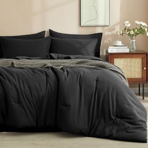 PHF 7 Pieces Queen Comforter Set, Bed in A Bag Comforter & 18" Sheet Set All Season, Ultra Soft Comfy Bedding Sets with Comforter, Sheets, Pillowcases & Shams, Black