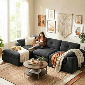 Homkdom Cloud Sectional Couches, 111" Modular Sectional Sofa with Ottoman, 27.6" Deep Seat, No Assembly Required, Chenille Fabric, Oversized Comfy Living Room Sofa