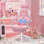 HOFFREE Kids Computer Gaming Chair for Girl with Cute Bunny Massage Lumbar Pillow Kids Pink Desk Office Chair with Adjustable Headrest and Footrest for Teen Girls