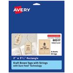 Avery Kraft Brown Rectangle Tags with Sure Feed Technology, 2" x 3.5", Laser/Inkjet, 64 Printable Tags with Strings Included, Also Great for Gift Tags and Favor Tags (80517)