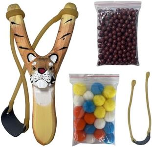 LINJAY Wooden Slingshot for Kids with Tiger Design, Colorful Pom - Poms & Ammo Balls