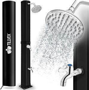 tillvex Solardusche 60 Liter inkl. Abdeckung | Solar Garten-dusche warmes Wasser | Pooldusche Camping | ohne Stromanschluss | mit Wasserhahn | Gartenschlauch-Anschluss