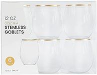 PLASTICPRO 12 Pack Clear With Gold Rim Plastic Wine Glasses Stemless Disposable 12 oz BPA Free Shatterproof Plastic Wine Cups Wine Glasses for Parties