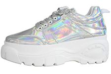 LUCKY STEP Women Chunky Platform Dad Colorblock White Neon Green Fuchsia Hologram Silver Casual Lace-Up Walking Sneakers (8.5 B(M) US, Hologram Silver)