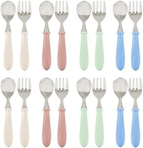 16 Pieces Toddler Fork and Spoon Silverware Set Stainless Steel Baby Utensils Round Handle & Tines for Safe Baby Toddler Self Feeding