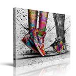 Framed Banksy & Graffiti Pop Shoe Sneaker Canvas Wall Art For Store Playroom Cool Dorm Room Decor Lovers Abstract Prints Gift For Boy & Girl Couple Ready To Hang - 24x36 Inches