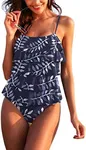 MAXMODA Monokini Swimsuits for Women One Piece Bathing Suit Ruffle Tummy Control Slimming Swimsuit,Navy Blue White L