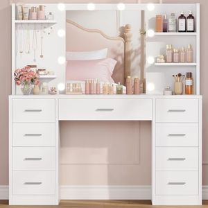 TEENFON Large Dressing Table with 3-Color LED Lighted Mirror, Adjustable Brightness, Makeup Vanity Table with 9 Drawers, 6 Shelves & 5 Jewelry Hooks, Vanity Desk for Bedroom, Dressing Room, White