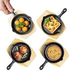 Navaris Cast Iron Skillet With Wooden Base (Set of 4) - Cast Iron Frying Pan Small Skillet With Protective Wood Base - Heavy Duty Metal Skillet Pans - 6" (15cm)