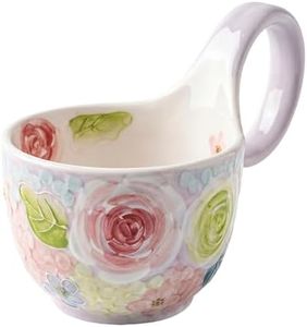 Soup Bowl with Handle, 16 oz Hand-Painted Ceramic Soup Mug, Microwave Safe for Oatmeal Cereal Soup, Gift Ready for Grandma Friends,Blush Garden Rose