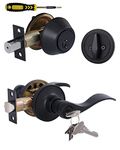 Keyed Alike Front Door Lever Lockset with Single Cylinder Deadbolt Combination Set, All Keyed Same Exterior Door Handle with Lock and Deadbolt, Matte Black Finished