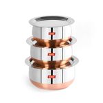 Sumeet Stainless Steel Copper Bottom Belly Shape 3 Pc Tope/Cookware/Pot Set with Lid 380ML, 500ML, 780ML, (Silver)