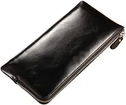 JIUFENG Men's Business Clutch Genuine Leather Zipper Wallet Card Holder Coins Pouches Cell Phone Bag Checkbook Organizer (Black)