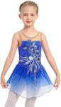 Girl Ice Figure Skating Dress Ballett Dance Leotards Rhythmic Gymnastics Bodysuit Shiny Sequin Flower Sleeveless Gradient Chiffon Flowy Skirt Competition Custumes Performance Dancewear Royal Blue 3-4Y