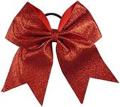 Glitter Cheer Bows - Cheerleading Softball Gifts for Girls and Women Team Bow with Ponytail Holder Complete your Cheerleader Outfit Uniform Strong Hair Ties Bands Elastics by Kenz Laurenz (1) (Red)