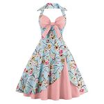 Women's Vintage Dress Ladies Cotton Sexy Retro 1950s Halterneck Rockabilly Swing Floral Print Tea Hem Party Skater A Line Prom Cocktail Party Homecoming Dress Peony Pink UK 10 / S