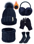 Yusongirl 5PCS Women Girls Winter Knitted Hat Scarf Gloves Earmuffs Stockings Fashion Pompom Hats Neck Warmer Socks Warm Knit Outdoor Skiing Cycling Set, Navy Blue