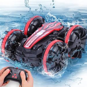 Remote Control Car Amphibious RC Cars for Kids 2.4Ghz Double Sided 360°Rotating 4WD Stunt RC Car Toy Waterproof Boat Off Road RC Race Toy Cars for Boys and Girls (Red)