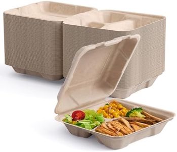 ECOLipak 50 Pack Clamshell To Go Containers, 100% Compostable Disposable Take Out Food Containers, 8X8 3-Compartment Heavy-Duty To Go Boxes,Eco-Friendly Biodegradable To Go Containers For Food