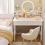 JUSTPI Makeup Vanity Set, Dressing Table Wooden Cosmetic Table with LED Lights Adjustable Brightness Mirror and Back Chair,Designs 3 Drawer Home Bedroom Vanity (Two drawers + sofa chair)