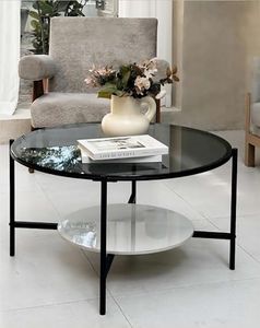 Artloge Round Coffee Table 2-Tier: 31.5 inch Luxury Modern Center Table with Tempered Glass Top and Sintered Stone Low Storage Shelf, Home Sofa Side Furniture for Living Room, Grey