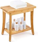 VEVOR Bamboo Shower Bench, 19.1 x 11.3 x 18.3 in, Waterproof Shower Stool Chair with Storage Shelf, 330lbs Load Capacity Spa Bath Seat Organizer, for Adults Seniors Women Elderly Indoor Outdoor