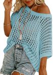 Dokotoo Womens Juniors Spring Summer Crochet Hollow Out Short Sleeve Sweaters Tops 2025 Spring Off Shoulder Pullover Shirt Lightweight Knit Tops Blouse Bathing Suit for Women Light Blue Medium