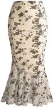 Verdusa Women's Floral Print High Waist Bodycon Ruffle Hem Fishtail Long Skirt White and Black Small