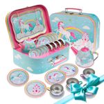 Jewelkeeper 15 Piece Kids Party Tin Tea Set for Toddlers - Kids Pretend Toy Tin Tea Set & Carrying Case - Rainbow Unicorn tea sets for girls - unicorn gifts for girls