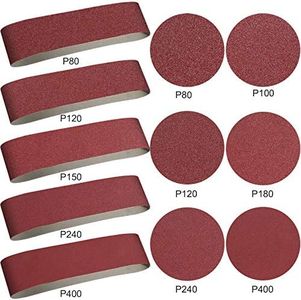 Aluminum Oxide Sanding Belts Includes 4 x 36 Inch Sanding Belts (80/120/150/240/400 Grits) and 6 Inch Self Stick No Hole Aluminum Oxide Sanding Disc (22)