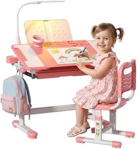BIERUM Kids Desk and Chair Set - 55° Tiltable Student Desk, Ergonomic Widened Desktop Table with Painting Mat, Bookstand and 3 Modes LED Lamps for Kids Ages 3-12, Height Adjustable, Gray (Pink)