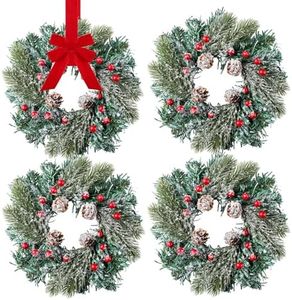 Jexine 12 Pieces Christmas Candle Rings Wreaths Small Christmas Kitchen Cabinet Wreaths Pillars Mini Candle Rings Table Centerpieces Hanging Garlands for Front Door Window Decor