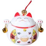 Zerodeko Candy Jar Ceramic Cat Canister Fortune Cat Tea Jar Maneki Neko Bowls Cookie Biscuit Treat Container with Airtight Lids Decorative Porcelain Jar for Kitchen White Snack Containers