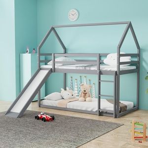 DreamBuck House Bunk Bed with Convertible Slide and Ladder, Floor Bunk Bed Twin Over Twin with Safety Guardrail, Bunk Bed with Roof as Playhouse for Kids Girls Boys, No Box Spring Needed, Grey