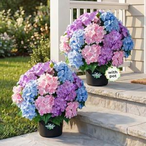 Auihiay 2 Potted Hydrangea Artificial Flowers, Outdoor Faux Hydrangea Bush