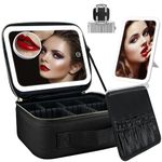 Micsci Travel Makeup Bag with Light Up Mirror,Travel Makeup Train Case Organizer with LED Lighted Mirror,3 Color LED Light Portable Cosmetic Bag with Dividers, 10x Magnifying Mirror (Black)