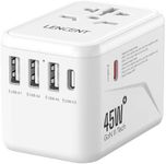 LENCENT Universal Travel Adapter, GaN III 45W International Charger with 3 USB Ports & 2 USB-C PD Fast Charging Adaptor, Worldwide Wall Charger for iPhone, Laptops, USA/UK/EU/AUS, White