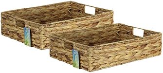 Shallow Rectangular Water Hyacinth baskets. Natural baskets light colour and with grey edges. Open trays for storage of paper, toys or books and magazines (2 x 47cm, Natural)