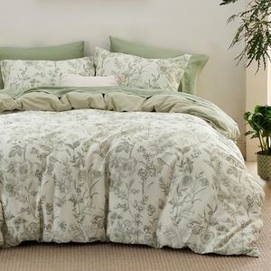 Bedsure Duvet Cover King Size - 100% Cotton Reversible Floral King Duvet Cover Set with Zipper Closure, 3 Pieces Soft & Breathable Botanical Green Bedding Set with 2 Pillow Shams 20"x36"