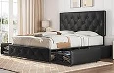 Yaheetech 5ft King Bed Frame Upholstered Platform Bed with Adjustable Diamond Button-Tufted Headboard and 4 Drawers Storage/Sturdy Wood Slat Support/No Box Spring Needed,Black King Bed