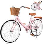 EISYROOD 26Inch Foldable Beach Cruiser Bike for Women, Womens Folding Bike with Basket, 7 Speed Hybird Commute Bicycles with Cushion, V-Brakes, Quick Install for Adults, Womens (Pink)