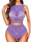 RSLOVE Womens Lingerie Set Sexy Fishnet Bodysuit Lace Babydoll 2 Piece Set One Size Purple