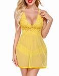 Avidlove Women Lingerie Halter Chemise Lace Babydoll Set V-Neck Teddy Sleepwear Yellow M